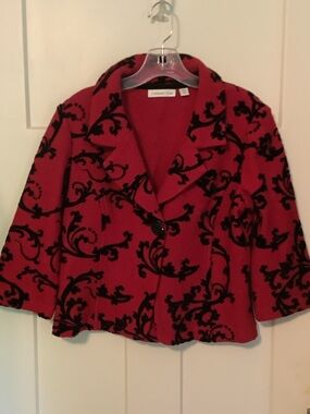 Coldwater Creek Red Jacket with Black Damask Flocked Pattern